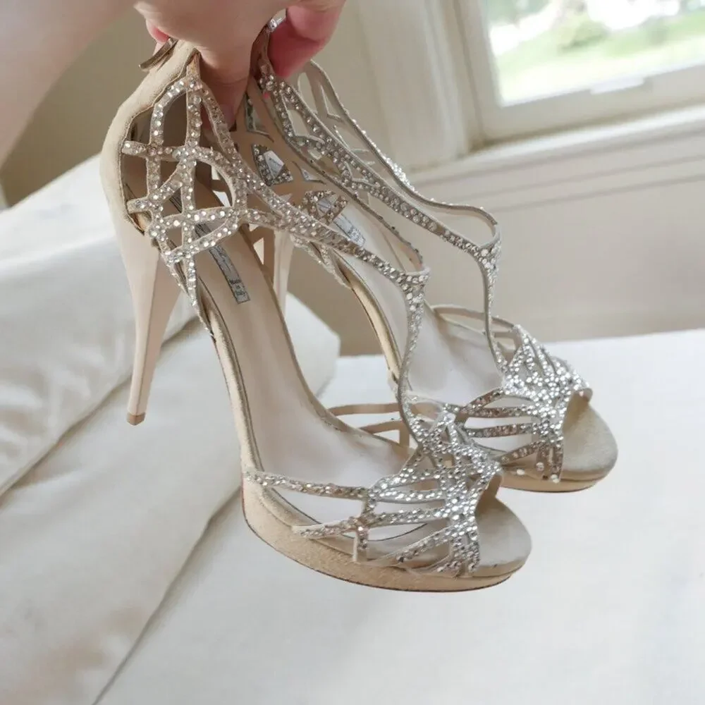 Grey Mer Italy Crystal Heels made in Italy Strappy Sandals suede 8.5 9 - Picture 1 of 11